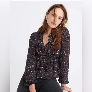 Madewell - Silk Ruffle-Hem Star Print Wrap Top in Starry Night Blouse - Size XL